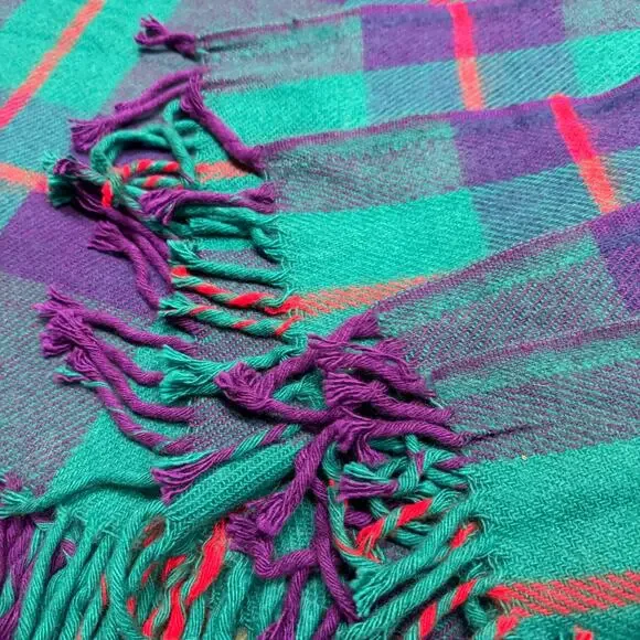 Vintage Picnic Throw Blanket Fringe Acrylic 52”x54” Plaid Super Soft Teal Pink
